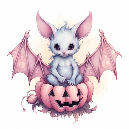 spooky halloween skeleton baby bat in the style of light pink and light magenta and blue, detailed shading, watercolors, ornate, detailed character design, light blue and crimson, enchanting lighting, pastelloween, on a white background --v 5.1 --s 750