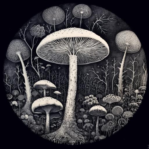 spore print from mushrooms, black ink circle stamp from gills of mushroom on page, all over illustration, stamps all over filling every gap