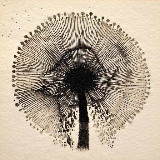 spore print from mushrooms, black ink circle stamp from gills of mushroom on page