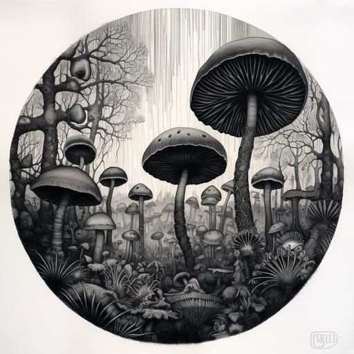 spore print from mushrooms, black ink circle stamp from gills of mushroom on page, all over illustration, stamps all over filling every gap