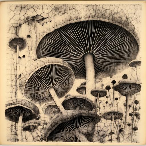 spore print from mushrooms, stamped all over page, circle spore print stamps on page, black in stamp from gills of mushroom on page, fill entire page with spore prints,