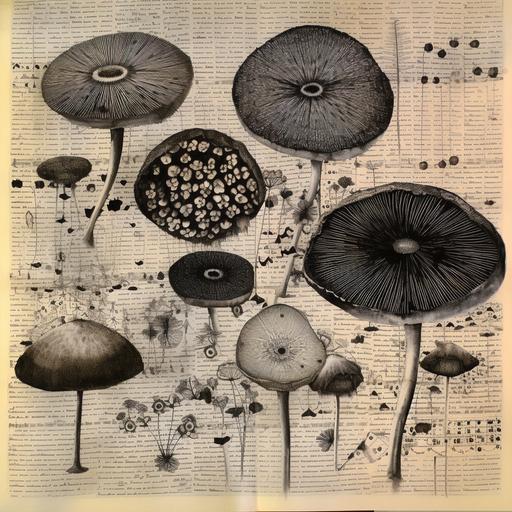 spore print from mushrooms, stamped all over page, circle spore print stamps on page, black in stamp from gills of mushroom on page
