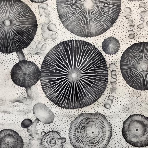spore print from mushrooms, stamped all over page, circle spore print stamps on page, black in stamp from gills of mushroom on page