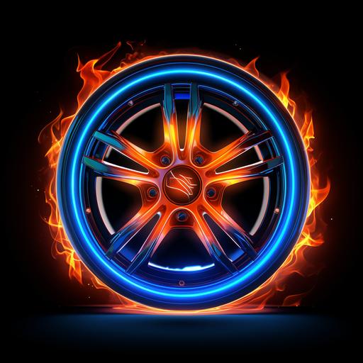 sport car wheel in fire logo neon sign orange blue