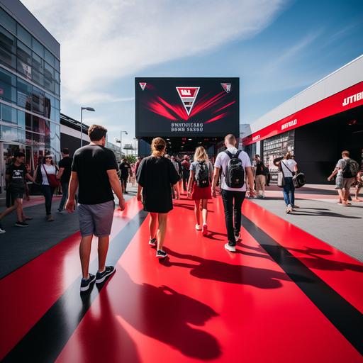a realistic image of a group of D.C United fans walking outside Audi Field going to a game they walk on red interactive floor tiles that generates renewable energy with their footsteps. There is a rectangular digital display beside them