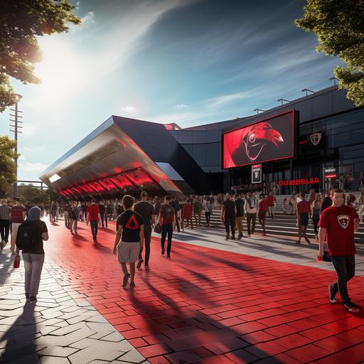 a realistic image of a group of D.C United fans walking outside a soccer stadium. They walk along red interactive floor tiles that generate renewable energy with their footsteps. The tiles are rubbery. There is a big rectangular digital display to the left and the stadium to the right