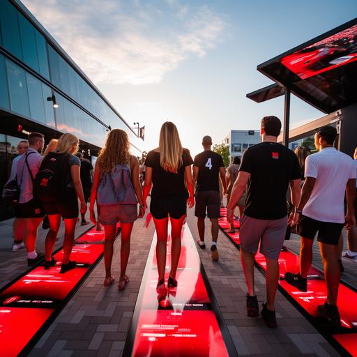 a realistic image of a group of D.C United fans walking outside Audi Field going to a game they walk on red interactive floor tiles that generates renewable energy with their footsteps. There is a rectangular digital display beside them