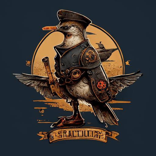 sports brand style t-shirt logo design, image of a steampunk army seagull with only one leg. It's for video game company, 2d, simple and clean, text is 4k --v 4