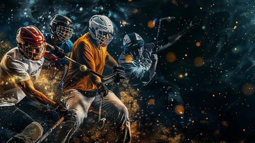 sports collage over black background with gold flakes. Group sports players such as golf, hockey and F1 racing on the left and leave empty space on the right. Use the golden ratio for the collage vs. Dead space. --ar 16:9