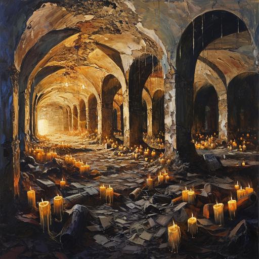 sprawling catacombs with candles everywhere, paper scrolls, structural symmetry, surrealistic distortion, oil painting, eerily realistic, well illuminated --v 6.0