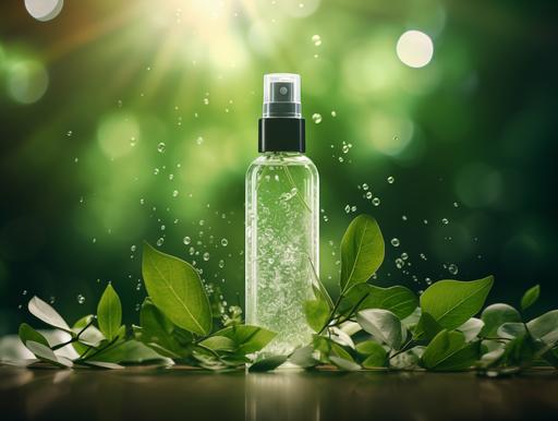 water spray bottle, mockup green leaves background, cosmetic product advertising --ar 4:3 --v 5.2 --s 200