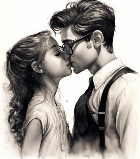 spreadsheets: a drawing of a girl kissing a boy in glasses, in the style of soft, dreamy scenes, dark white and black, sketchy caricatures, flickr, plush doll art, storybook-like, erased and obscured --ar 7:8