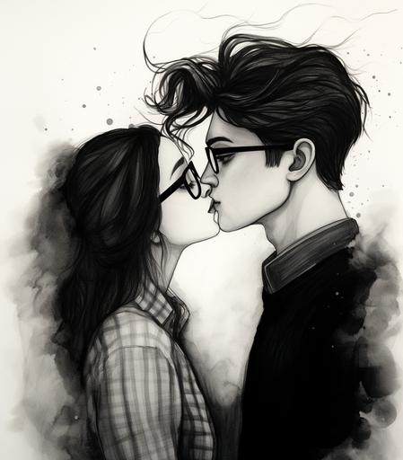 spreadsheets: a drawing of a girl kissing a boy in glasses, in the style of soft, dreamy scenes, dark white and black, sketchy caricatures, flickr, plush doll art, storybook-like, erased and obscured --ar 7:8