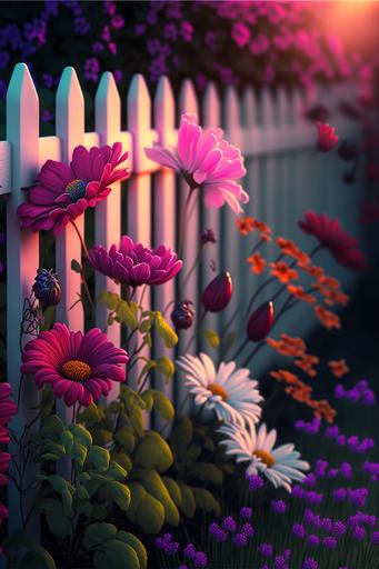 spring flower garden , white picket fence , assorted flowers , magenta , highly detailed , hyperdetailed, hypermaximalist, hyperrealistic, cinematic, epic, octane render, ultra HD, 8k inner glow , up light , strobe light --q 2 --ar 2:3 --v 4 --v 4