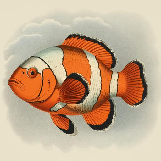 sprite of a vintage naturalist's colour science illustration on a flat neutral grey background of a colorful clown fish, illustrated by edward lear --v 5.0