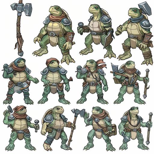 sprite-sheet of a dungeon dragon anime style turtle warrior with war hammer blank background poses expressions