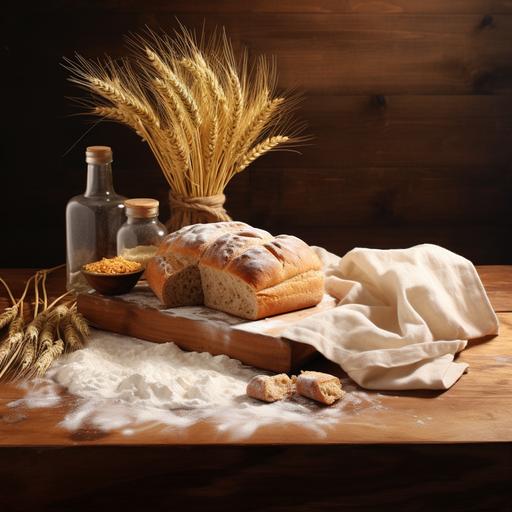 square bread on wooden board, bakery table with wheat and flour