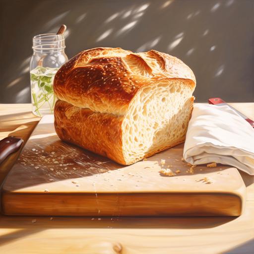square bread on wooden board, sunny,
