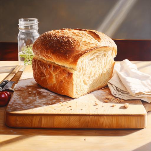 square bread on wooden board, sunny,