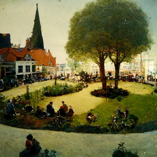 square, holland, trees and plants, bikes, people having drinks outside, bird eye view
