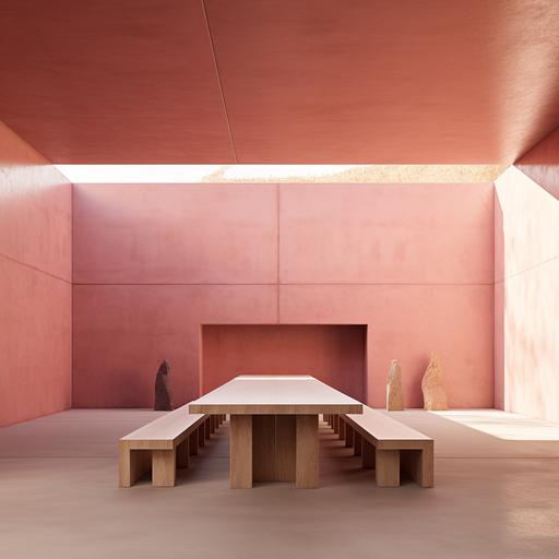 square minimal architecural antique pink cement space, tall walls, almost closed except a small space to access, the light enter throught the space, long table, massive pink sand installation along all the table, benches covered with soft pink fabric along all the table as as seats, detailed, 16:9, photorealistic