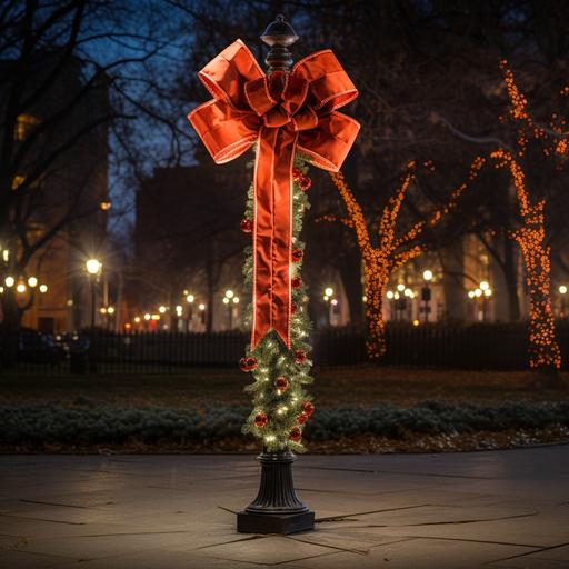 square pole decorated for christmas with red and orange bow and christmas blinker , ar-- 16:9