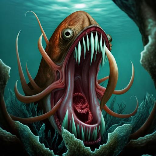 squid, sea monster, big mouth, teeth, eating people, underwater, coral plants, fish --q 5