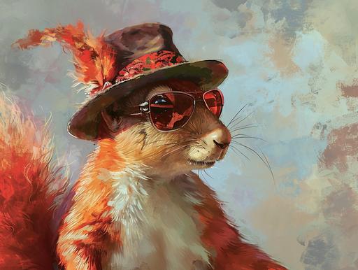 squirrel with funny hats and sunglasses, in the style of a fashion design sketch, dreamlike, flowing fabrics, :wundervoll-ai:0, --ar 4:3 --v 6.0