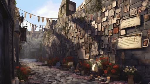 A stretch of stone wall along a road in a midieval city is carved with names and wreathed in dried flowers, silver necklaces, and ropes weighted with good-luck charms. The ground near the wall is cluttered with trinkets left there as offerings. A drow of the Aurora Watch prays near a corner of the wall. The sky above is mottled in hues of orange, red and purple, as the smoke from the nearby crematorium blots out the setting sun and casts deep shadows along the streets. In the artstyle of Tal'Dorei Campaign. dungeons and dragons painting.  --ar 16:9