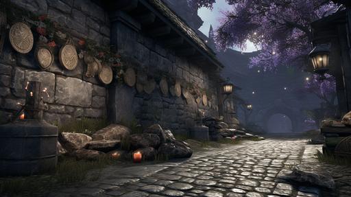 A stretch of stone wall along a road in a midieval city is carved with names and wreathed in dried flowers, silver necklaces, and ropes weighted with good-luck charms. The ground near the wall is cluttered with trinkets left there as offerings. A drow of the Aurora Watch prays near a corner of the wall. In the artstyle of Tal'Dorei Campaign Setting. --ar 16:9