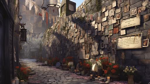A stretch of stone wall along a road in a midieval city is carved with names and wreathed in dried flowers, silver necklaces, and ropes weighted with good-luck charms. The ground near the wall is cluttered with trinkets left there as offerings. A drow of the Aurora Watch prays near a corner of the wall. The sky above is mottled in hues of orange, red and purple, as the smoke from the nearby crematorium blots out the setting sun and casts deep shadows along the streets. In the artstyle of Tal'Dorei Campaign. dungeons and dragons painting.  --ar 16:9