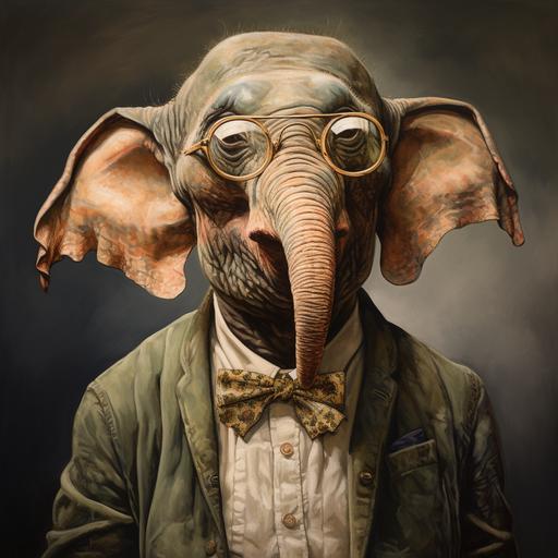 a hand-painted realistic portrait of a very skinny anthropomorphic elephant man wearing lederhosen and very thick, round spectacles that overly magnify his eyes.