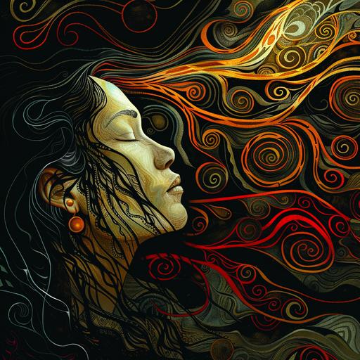 sref; Enhance the fifth part of the Māori woman's journey by adding mystical elements and deepening the representation of domestic violence. The scene should still depict the warmth and support of the community but now include more pronounced mystical features, such as flowing lines and glowing patterns, to represent her cultural identity and inner strength. Intensify the darker elements subtly to symbolize the hidden struggle of domestic violence, creating a deeper contrast between light and dark areas. This contrast should highlight the disparity between the public support and the private torment, all while respecting the sensitivity of the subject and without including textual elements.