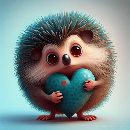 stunning disney pixar cartoon action pose, stunning fuzzy adorable hedgehog in a pastel colored heart costume for Valentines day, heart costume, love, adorable, cute hedgehog, cozy, valentines, full body of stunning fuzzy hedgehog in heart costume, full shot, love in eyes, realistic eyes, beautiful perfect symmetrical face, Stanley Artgerm Lau style, beautifully color-coded, extremely detailed, ultra hd, hdr, 8k, cinematic, dramatic lighting, studio Portrait Lighting, illuminated face, 85mm, volumetric lighting, ray tracing reflections, unreal render --upbeta --q 2 --v 4 --s 250