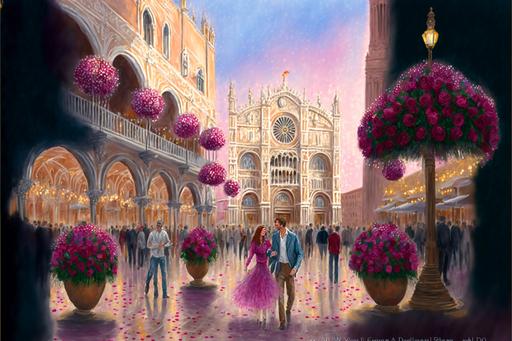 st mark’s square, old country, Italian village, decorated for Valentine’s Day, couples walking together, romantic lighting, bustling environment, pink roses, flowers, potted flowers, confetti, celebration, exciting, --ar 3:2 --q 2 --v 4