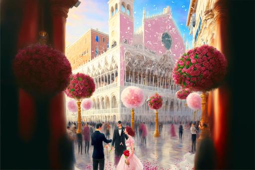 st mark’s square, old country, Italian village, decorated for Valentine’s Day, couples walking together, romantic lighting, bustling environment, pink roses, flowers, potted flowers, confetti, celebration, exciting, --ar 3:2 --q 2 --v 4