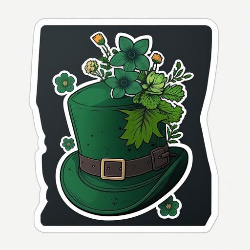 st patrick hat , designed with irish flower , green , cartoon style , sticker