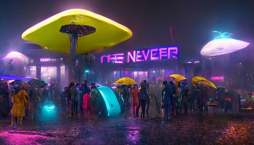 60s sci-fi cover, title “The Night that Never Ends”, outside nightclub with diverse people waiting in line and a futuristic hover vehicle in front of club entrance, neon signage, rainy, umbrellas, wet, luminescent, organic architecture, flowing forms, glowing, insanely detailed and intricate, cinematic, octane renderer, photorealistic, 4k, inspired by Syd Mead, Mucha, --ar 16:9