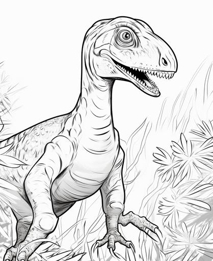 coloring page , a velociraptor dinosaur, cartoon style, thick lines, low detail, no shading, no colors except black for the outline, white fill, only use an external outline, clean background, simple image, low detail, add a few foliage elements in the background, show full dinosaur, --ar 9:11 --s 50