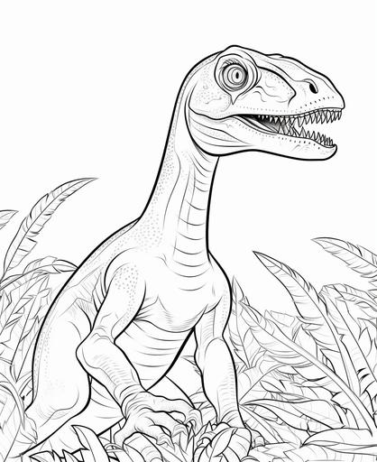 coloring page , a velociraptor dinosaur, cartoon style, thick lines, low detail, no shading, no colors except black for the outline, white fill, only use an external outline, clean background, simple image, low detail, add a few foliage elements in the background, --ar 9:11 --s 50