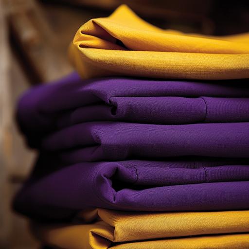 stack of folded purple and gold tshirts apparel