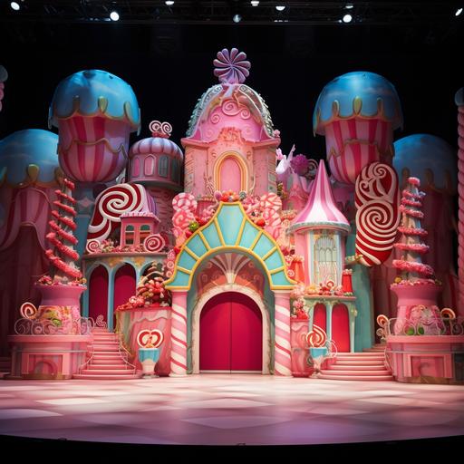 stage for Nutcracker ballet, second act, the stage transformы into the Land of Sweets, a fantastical and colorful world. Decorations here could include giant candies, a candy cane forest, and a regal throne for the Sugar Plum Fairy
