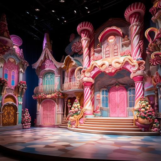 stage for Nutcracker ballet, second act, the stage transformы into the Land of Sweets, a fantastical and colorful world. Decorations here could include giant candies, a candy cane forest, and a regal throne for the Sugar Plum Fairy