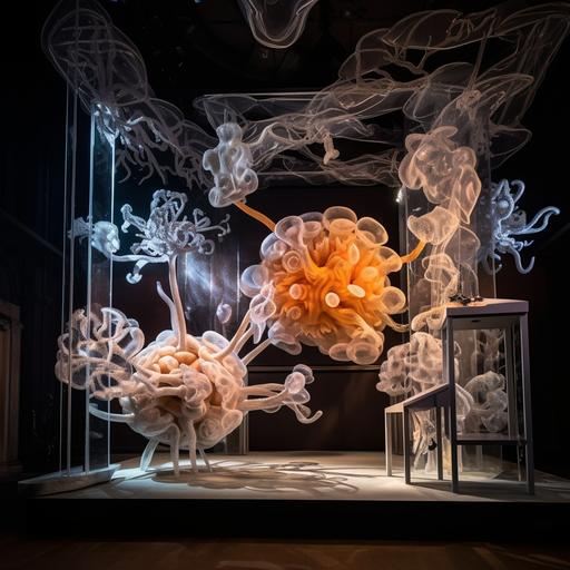 stage modeling, exhibition design, features bacteria bio art, petri dish with microbiome sculpture, M.C. Escher, Ernst Haeckel, Franz West, screen curtains, dramatic light, Chloe Lamford, postmodern, space layout, ultra-realistic, detailed,--v 5