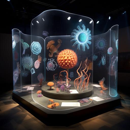 stage modeling, exhibition design, features bacteria bio art, petri dish with microbiome sculpture, M.C. Escher, Ernst Haeckel, screen curtains, isometric, miniature, dramatic light, postmodern, space layout, ultra-realistic, detailed,--v 5