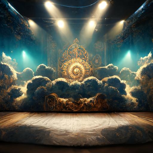 stage of the sky magician, surrealistic, mixed media collage, stage set, circus, opulent, rich backdrop curtain,  backlit, intricate, textured, edge of the world, cloud prop,back-lit, depth, unreal engine --uplight