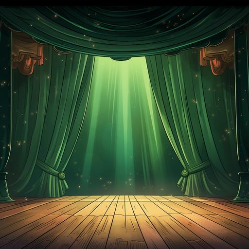 stage with closed green curtains, searchlight, comic book style, vintage --v 5.2