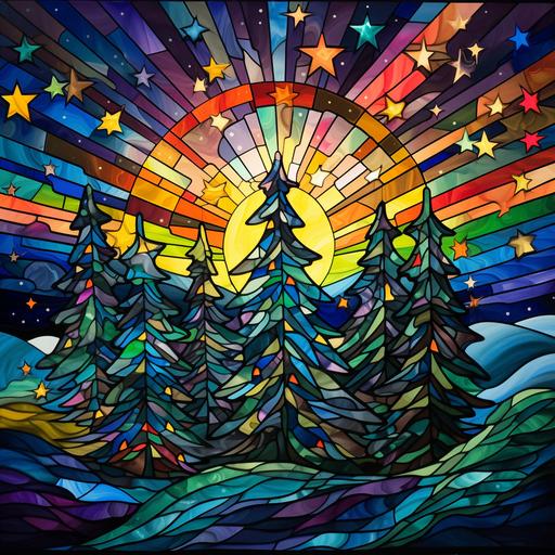 stained glass, Christmas Tree, ultra surreal, bright colors, snow fall, whimsical scene, cartography