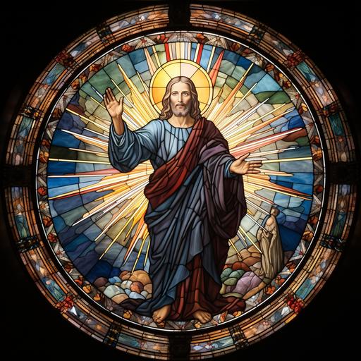 stained glass, dome shape, Jesus opens his hands