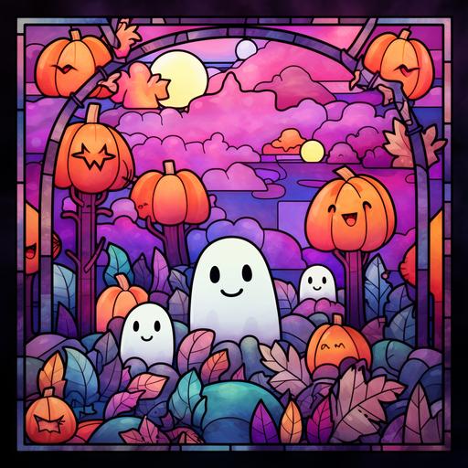 stained glass pattern of an autumn scene of kawaii ghosts, pumpkins and leaves, include pinks and purples, watercolor alcohol ink, cartoon